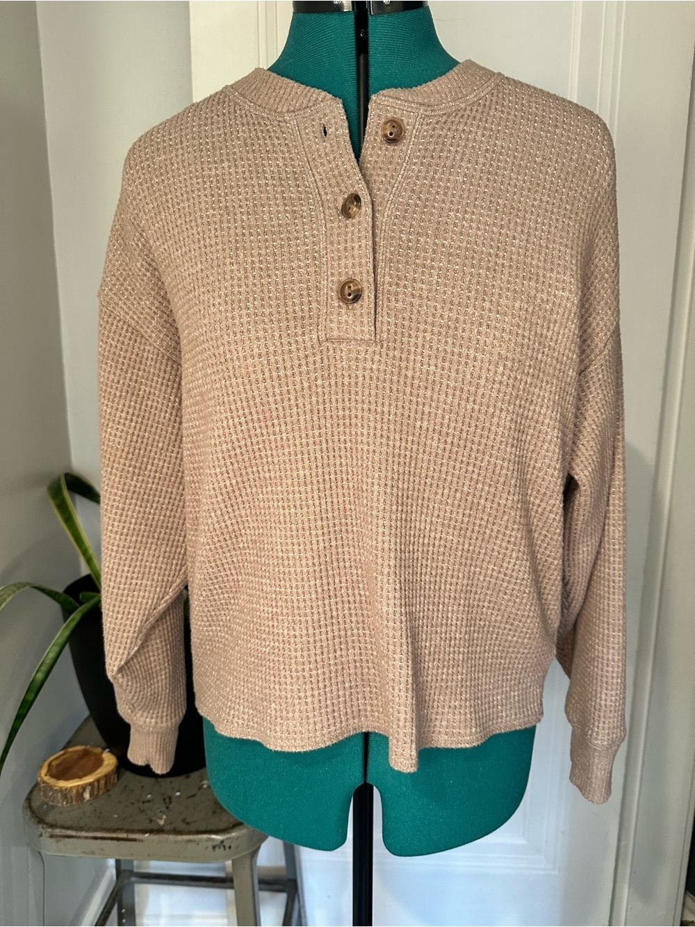 Old Navy Neutral Waffle Knit Henley Sweater